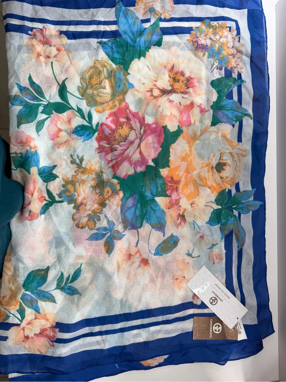 NWT Giani Bernini Floral Print Scarf Navy Blue Multi Monogram Logo